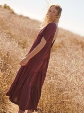 Free People  beach Burgundy Tiered Short-Sleeve Maxi Dress